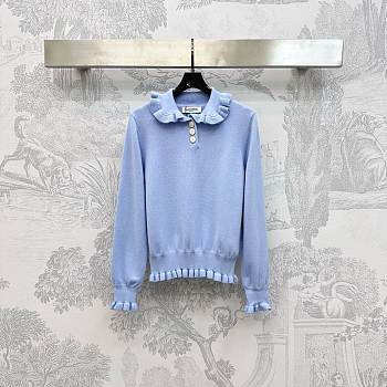 Okify Valentino Lapel Lace Pullover Sweater In Blue