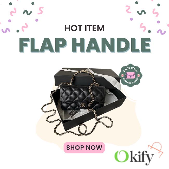 Okify CC Flap Bag With Handle In Black Lambskin 23cm - 1