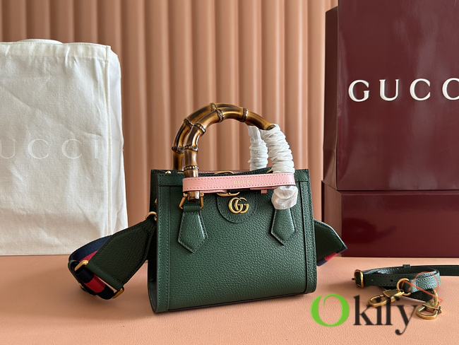 Okify Gucci Diana Mini Tote Bag In Dark Green With Pink Handle Shaper 20x16x10cm - 1