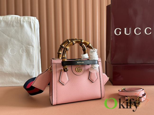Okify Gucci Diana Mini Tote Bag In Pink With Black Handle Shaper 20x16x10cm - 1