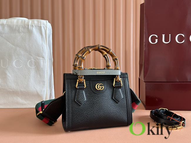Okify Gucci Diana Mini Tote Bag In Black With Dark Gray Handle Shaper 20x16x10cm - 1