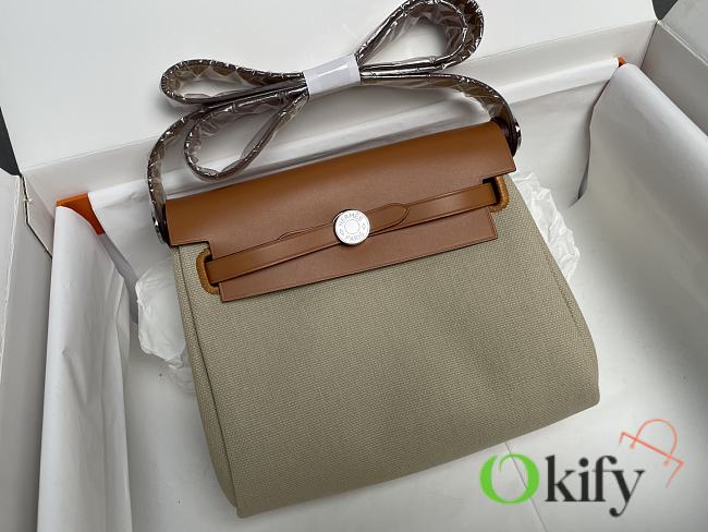 Okify Hermes Herbag 20 In Brown And Beige With Silver Hardware  - 1