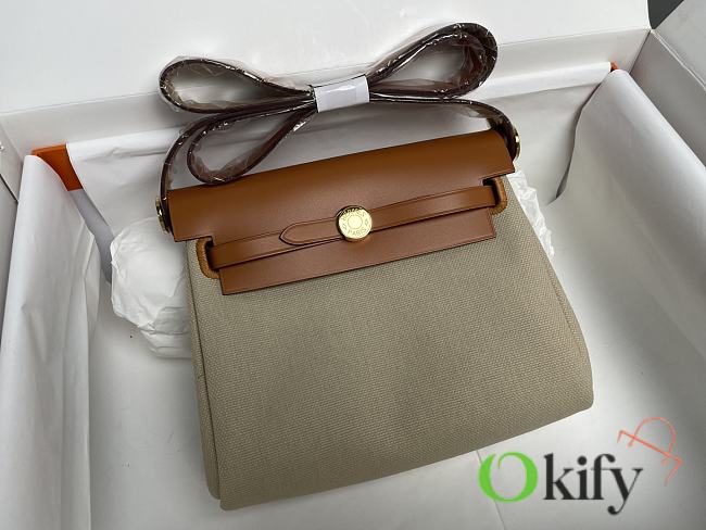 Okify Hermes Herbag 20 In Brown And White With Gold Hardware  - 1