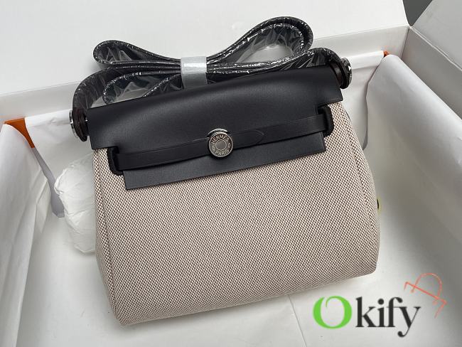 Okify Hermes Herbag 20 In Black And Beige With Silver Hardware  - 1