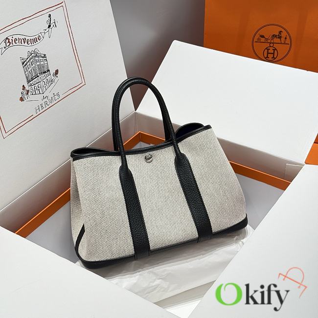 Okify Hermes Garden Party Bag In Black And White With Inner Dark Blue 30cm - 1