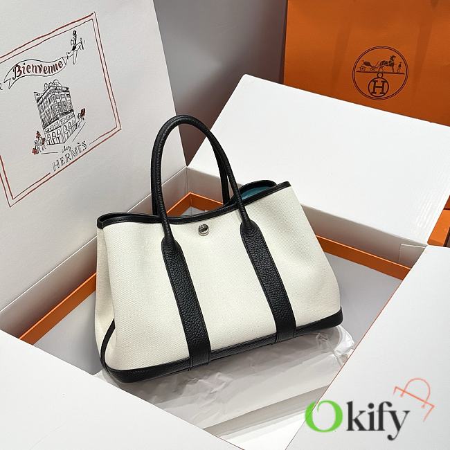 Okify Hermes Garden Party Bag In Black And White With Inner Blue 30cm - 1
