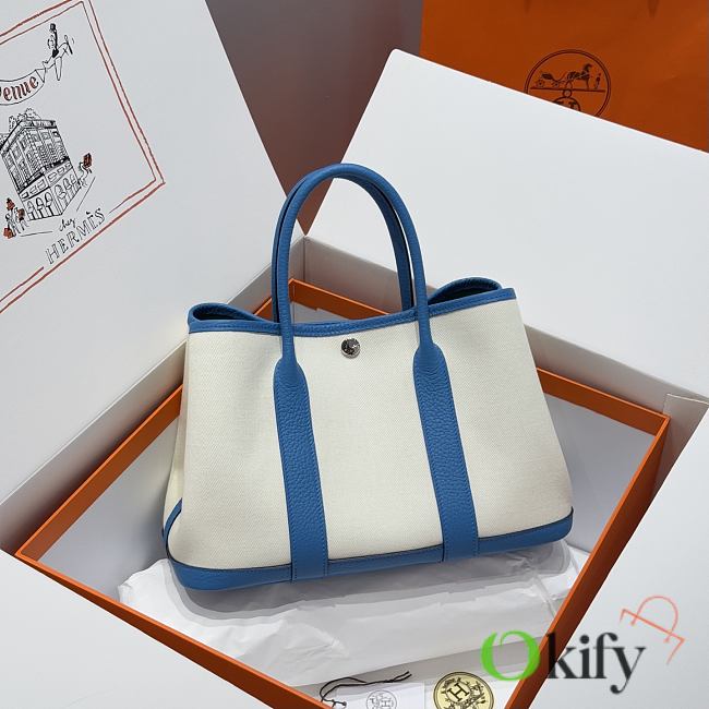 Okify Hermes Garden Party Bag In White And Blue With Inner Green 30cm - 1