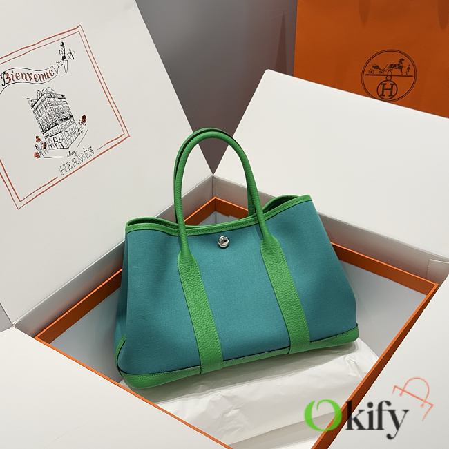 Okify Hermes Garden Party Bag In Blue And Green 30cm - 1
