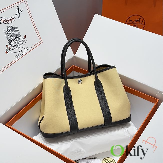 Okify Hermes Garden Party Bag In Beige And Black 30cm - 1