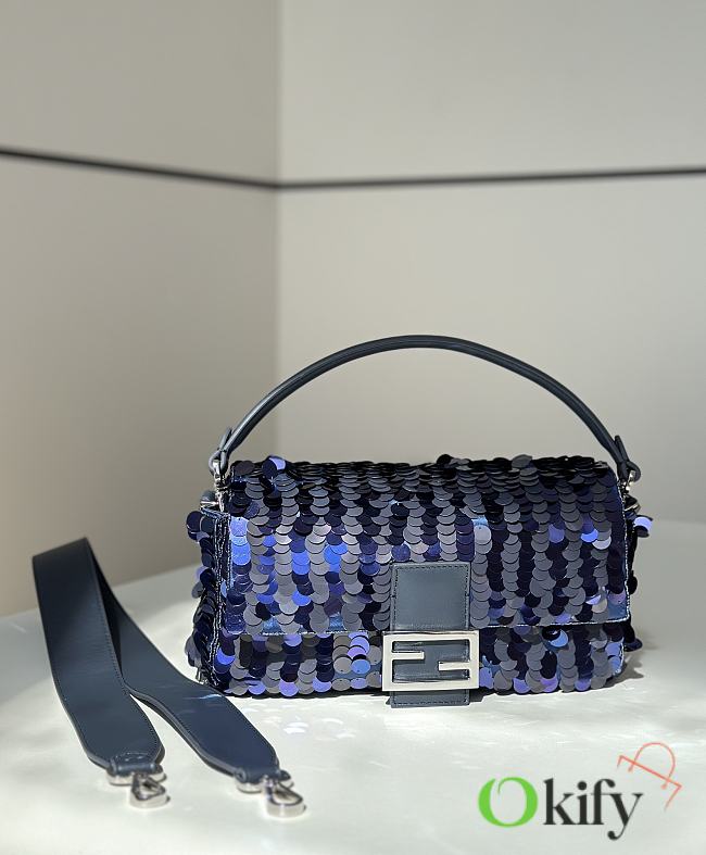 Okify Fendi Baguette Sequin Bag In Dark Blue 27x7x13cm  - 1