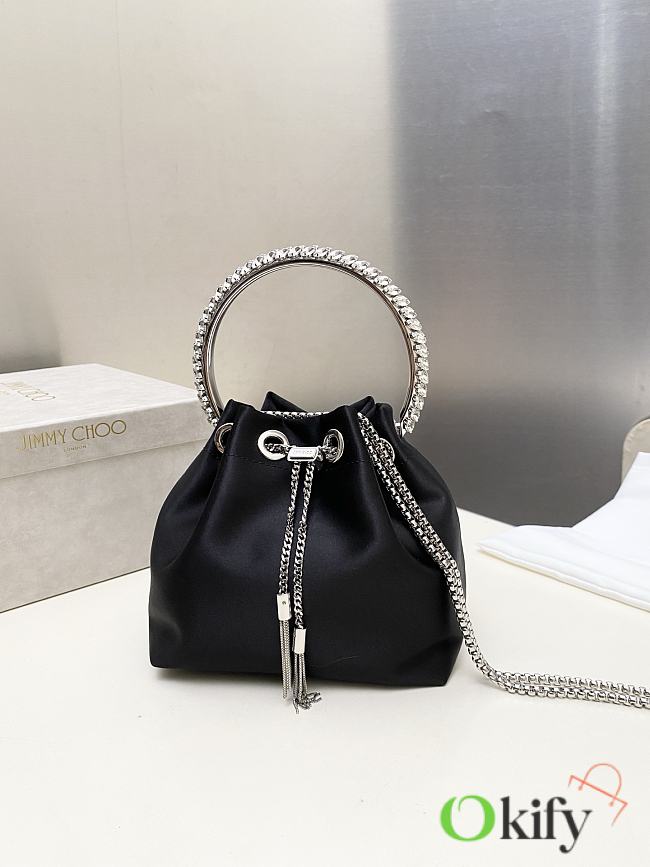 Okify Jimmy Choo Bon Bon Satin Bag With Crystal Handle In Black 14x15x9.5cm - 1
