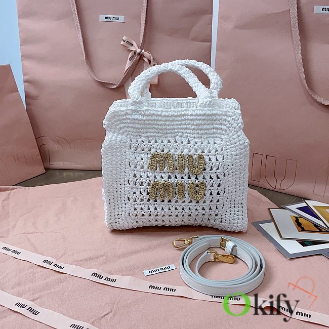 Okify MiuMiu Raffia Effect Woven Tote Bag In White 22x22.5x7.5cm - 1