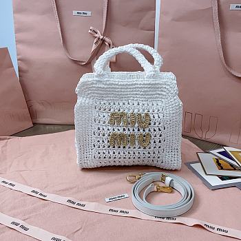 Okify MiuMiu Raffia Effect Woven Tote Bag In White 22x22.5x7.5cm