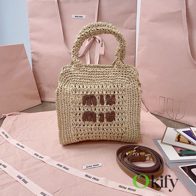 Okify MiuMiu Raffia Effect Woven Tote Bag In Beige 22x22.5x7.5cm - 1