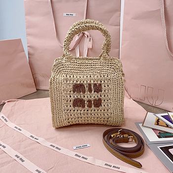 Okify MiuMiu Raffia Effect Woven Tote Bag In Beige 22x22.5x7.5cm