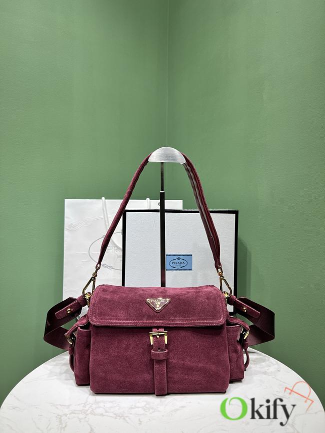 Okify Prada Medium Explore Suede Shoulder Bag With Flap In Burgundy Red 30x14x10cm  - 1