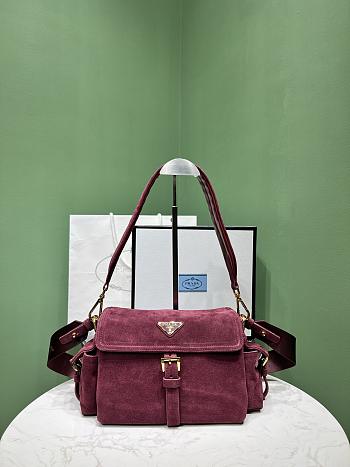 Okify Prada Medium Explore Suede Shoulder Bag With Flap In Burgundy Red 30x14x10cm 