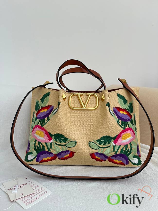 Okify Valentino Large Shopping Bag With Multicolor Flowers Embroidery In Beige 35x25x17cm  - 1
