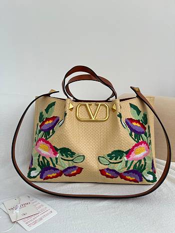Okify Valentino Large Shopping Bag With Multicolor Flowers Embroidery In Beige 35x25x17cm 