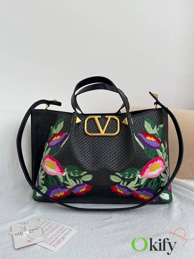 Okify Valentino Large Shopping Bag With Multicolor Flowers Embroidery In Black 35x25x17cm  - 1
