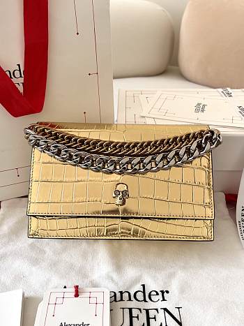 Okify Alexander McQueen Skull Gold Crocodile Bag 19x13x5cm