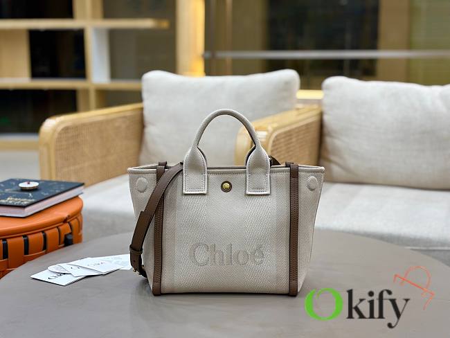 Okify Chloe Small Carry Tote Bag In Vegetal Beige Canvas 27x23x12cm - 1