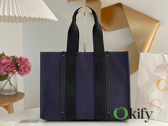 Okify Chloe Large Woody Tote Bag In Dark Blue 45x33x13cm - 1