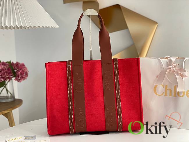 Okify Chloe Small Woody Tote Bag In Red 26.5x20x8cm - 1