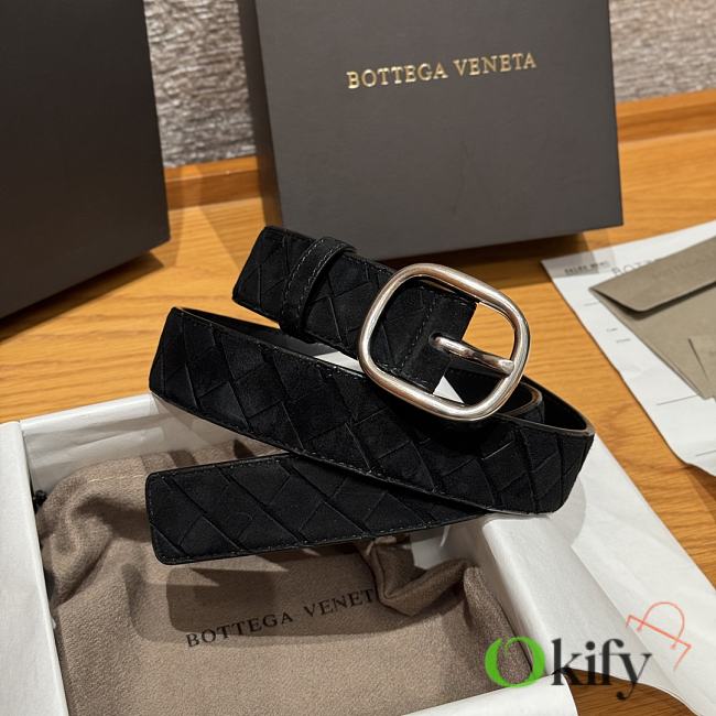 Okify Bottega Veneta Intrecciato Black Suede Belt With Silver Hardware 3.5cm - 1