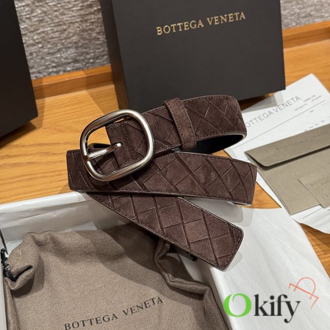 Okify Bottega Veneta Intrecciato Brown Suede Belt With Silver Hardware 3.5cm - 1