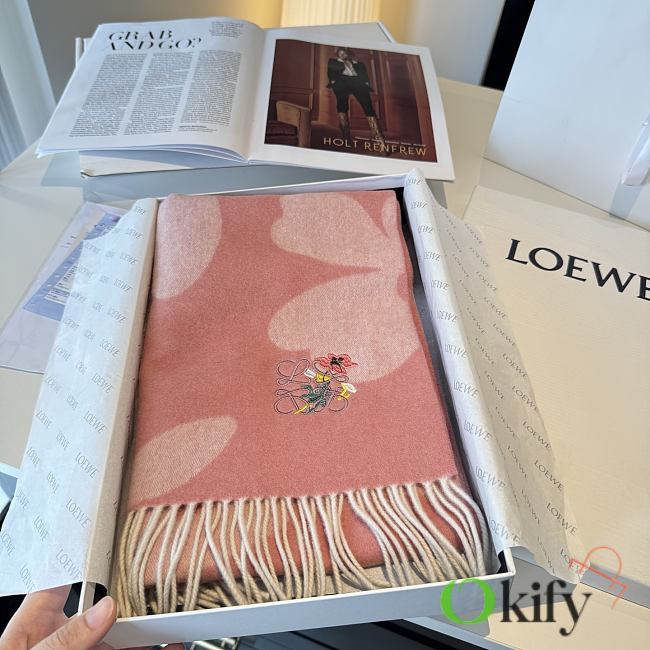 Okify Loewe Pink Cashmere Scarf With Flowers 180x30cm - 1