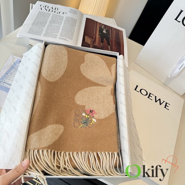 Okify Loewe Brown Cashmere Scarf With Flowers 180x30cm - 1