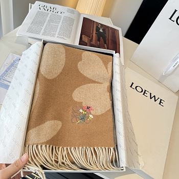 Okify Loewe Brown Cashmere Scarf With Flowers 180x30cm