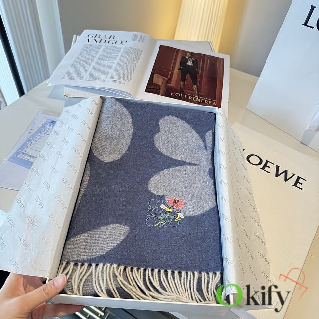 Okify Loewe Blue Cashmere Scarf With Flowers 180x30cm - 1