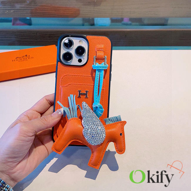 Okify Hermes Orange Phone Case With Card Holder And Horse Charm - 1