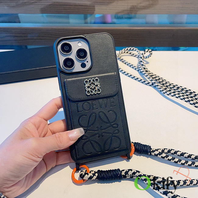 Okify Loewe Black Phone Case With Card Holder And Crossbody Strap - 1