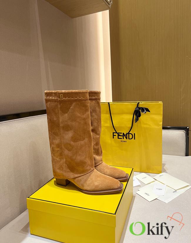 Okify Fendi Gold Brown Suede Boots 6cm - 1