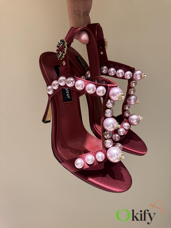 Okify Dolce & Gabbana Pink Bejeweled Satin Sandals With Pearl 10cm - 1