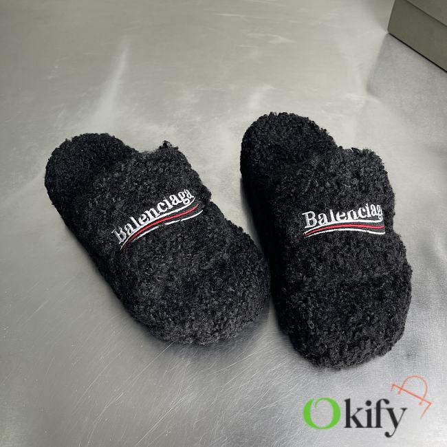 Okify Balenciaga Black Fur Slippers - 1