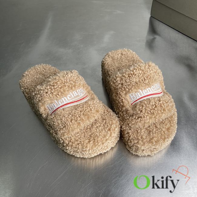 Okify Balenciaga Beige Fur Slippers - 1