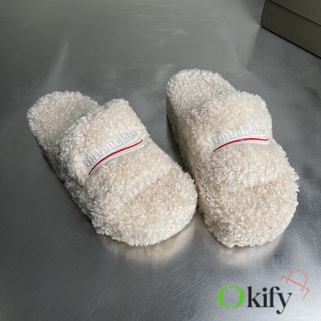 Okify Balenciaga White Fur Slippers - 1