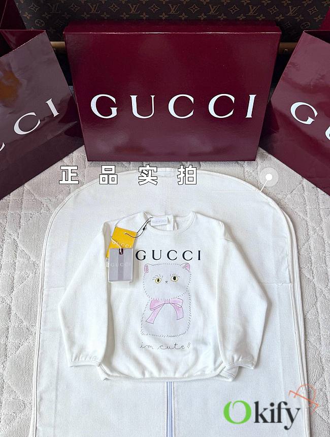 Okify Gucci Cat White Sweater For Kids  - 1