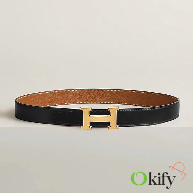 Okify Hermes Gold H Buckle Reversible Belt In Black And Brown 3,2cm - 1