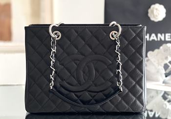Okify CC Quilted Grand Shopping Tote In Black Caviar With Silver Hardware 33x24x13cm