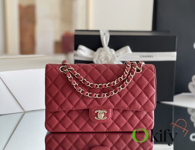 Okify CC Flap Bag In Red Caviar With Light Gold Hardware 25.5x15.5x6.5cm - 1