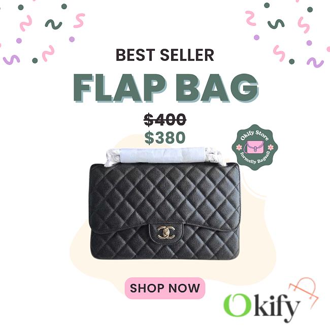 Okify CC Large Classic Flap Bag In Black Grained Calfskin 30x19.5x10cm - 1
