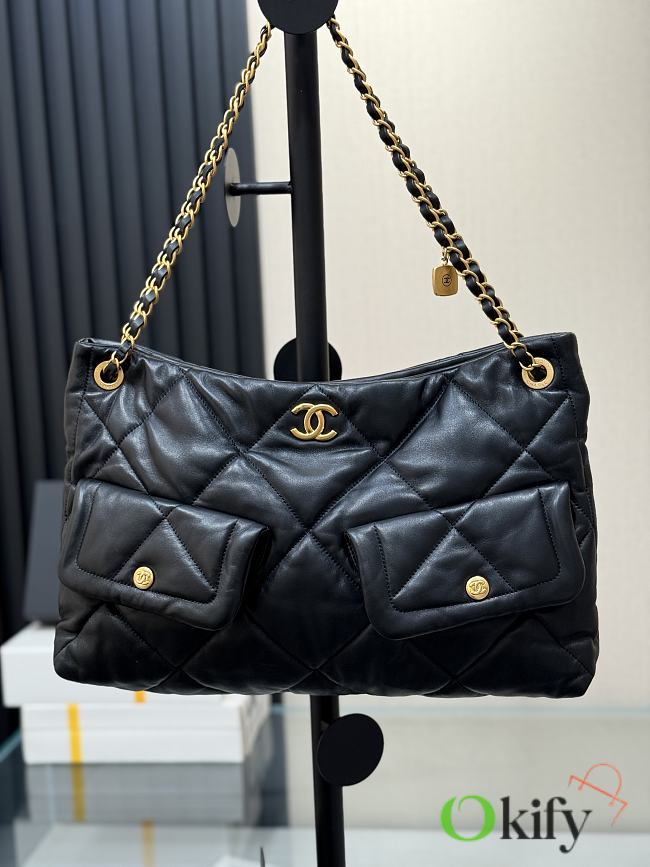 Okify CC 25 Hobo Shopping Bag In Black Lambskin 26x38x11cm - 1