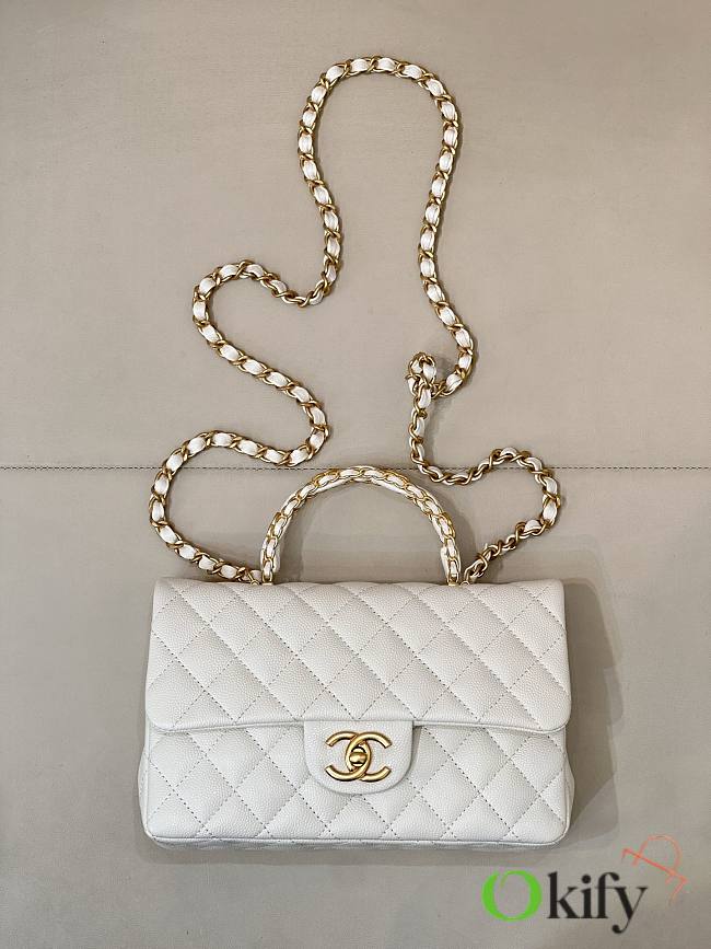Okify CC Flap Bag With Handle In White Caviar 22.5x13.5x6.5cm - 1
