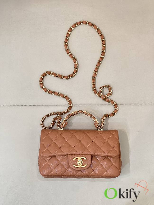 Okify CC Flap Bag With Handle In Peach Caviar 19.5x12x6.5cm - 1