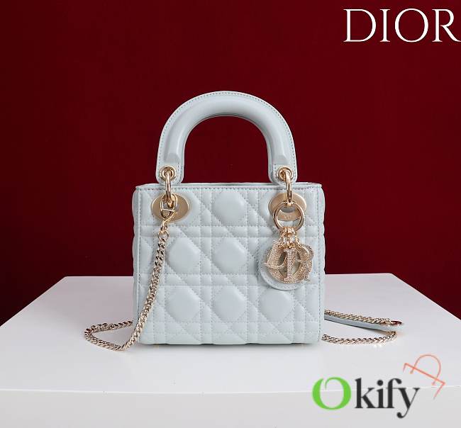 Okify Dior Lady Bag With Diamond Buckle In Light Blue 17x15x7cm - 1